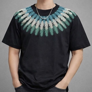 T-shirt surdimensionné en coton pour homme, imprimé ailes de plumes, col rond, décontracté de luxe, à manches courtes, fabricant de vêtements - Product Image 6