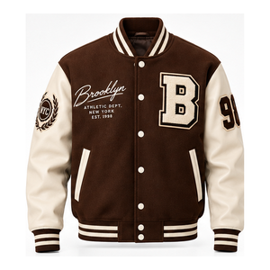Chaqueta Varsity Marrón Chocolate Personalizada al por Mayor OEM, Chaqueta Bomber Universitaria de Béisbol con Logotipo Bordado en Chenille, Ropa Urbana - Product Image 1