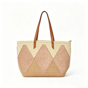 Customized Diamond patchwork woven tote <b>bag</b>, neutral‑pink geometric straw shopper,multi‑tone woven <b>basket</b> tote with faux‑leather - Product Image 5