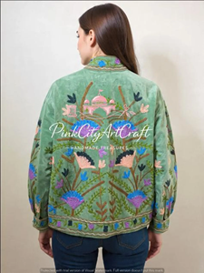 Handcrafted Sage Green Velvet Quilted Kimono <b>Jacket</b> Kashmiri Suzani Embroidered Winter Coat Elegant Premium Velvet <b>Blazer</b> - Product Image 6