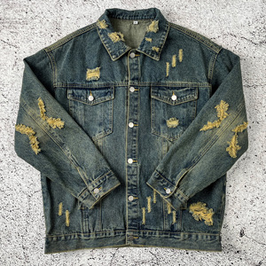 High Quality Custom Design Men's Ripped <b>Button</b> Front Jeans Jacket New Arrival Streetwear Fashion - Product Image 1