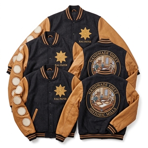 Veste universitaire noire en laine avec manches en cuir marron rouille, style pont suspendu en chaîne de type River Gorge, modèle Letterman, vente en gros - Product Image 2
