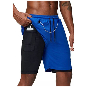 Pantalones Cortos Deportivos de Secado Rápido para Hombre, Color Azul, con Cordón y Bolsillos, Tejido de Spandex y Poliéster, Cintura Media, Color Sólido - Product Image 1
