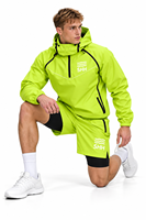 Ensemble de fitness personnalisé vert néon pour homme : Haut de sport à capuche semi-zippé et short 2-en-1 réfléchissant pour entraînement en salle de sport et perte de poids