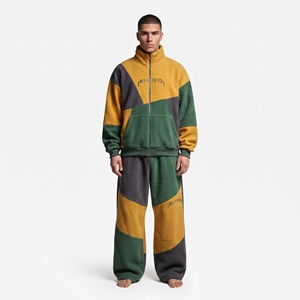 Ensemble de survêtement en molleton pour homme, couleur vert moutarde et gris, veste zippée et pantalon large, streetwear personnalisé, vêtements de sport - Product Image 3
