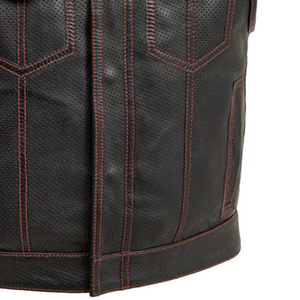 Men's Black Leather Sleeveless Biker Vest with <b>Red</b> Lining and Breathable Perforated Design All Seasons - Product Image 3