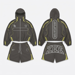 ชุดเซ็ตเสื้อแจ็คเก็ตและกางเกงขาสั้นสำหรับผู้ชาย ZAINI ผ้าถักโพลีเอสเตอร์/ไนลอน กันลม สีเทาชาร์โคล แต่งแถบสีเขียวมะนาว แห้งเร็ว พิมพ์ลายซิลค์สกรีน - Product Image 1