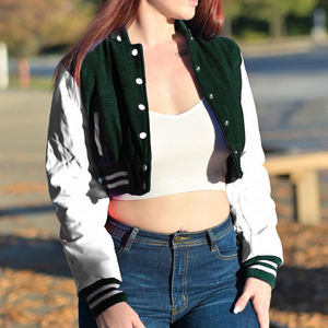 Veste courte universitaire pour femme, vert foncé, style Letterman, manteau bomber avec manches en similicuir, vêtement d'extérieur décontracté, mode féminine - Product Image 3