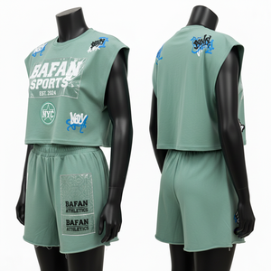 Conjunto de Camiseta sin Mangas y Pantalones Cortos para Mujer, 100% Algodón, 240 GSM, Algodón Premium, Verde Salvia, Panel con Parche, Estampado Personalizado - Product Image 4