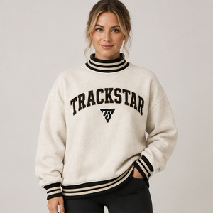 Women's Oatmeal Mock Neck <b>Sweatshirt</b> with <b>White</b> Striped Trim Varsity Letters Long Sleeve Custom Logo - Product Image 3
