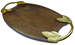 Oval Wooden Serving <b>Tray</b> with Golden Aluminum Handles Decorative Functional Serving Platter for Home <b>Kitchen</b> Dining - Product Image 5