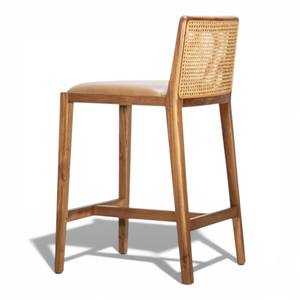 เก้าอี้บาร์ไม้สักแท้สไตล์โมเดิร์นกลางศตวรรษ พร้อมพนักพิงหวายธรรมชาติและเบาะหนังเทียม สำหรับเคาน์เตอร์ครัวและร้านกาแฟ - Product Image 4