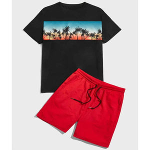 Men's Black T-Shirt With Palm Tree Print Red Shorts Set Crew Neck Casual Summer Wear Breathable Knitted 100% Cotton Custom Men's - Product Image 1