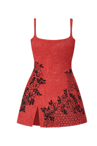 <b>Red</b> Floral Print <b>Glitter</b> Beaded Sexy Sleeveless Spaghetti Strap Embroidered Bodycon Mini Club Evening Party Dress - Product Image 4