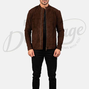 Chaqueta de Cuero de Gamuza Marrón Premium para Hombre, Corte Ajustado, Cuello Alto Minimalista, Cierre de Cremallera, Estilo Bomber, Ligera y Moderna - Product Image 5