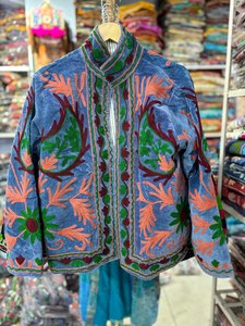 Ethnic Floral Suzani Jacket Short Velvet Handmade <b>Women</b> Boho Traditional Embroidered Open Front Designer Outerwear <b>Coat</b> - Product Image 3