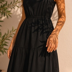 Vestido Midi con Tirantes Finos y Volantes, Cintura Elástica, Corte A, Casual, Verano, Transpirable, Tejido, Color Sólido, Ajuste Relajado - Product Image 2