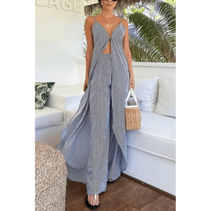 Mono largo sin mangas a rayas para mujer con aberturas frontales y lazo, de pierna ancha, estilo vestido. - Product Image 2