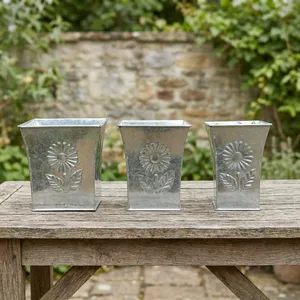 Pots à fleurs carrés en métal galvanisé, design écologique, côtelés, pour jardin extérieur, motif marguerite, pour fleurs, vert - Product Image 1