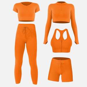Ensemble de sport cinq pièces uni pour femme : haut court, haut à manches longues, brassière de sport, leggings taille mi-haute et shorts - Product Image 1