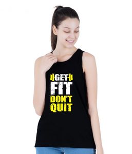 Camiseta sin mangas negra para mujer, con estampado 'Get Fit Don't Quit', cuello redondo, sin mangas, informal, para entrenamiento, 100% algodón, tejido transpirable, con logo frontal - Product Image 1