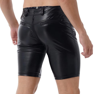 Shorts Bermuda pour homme en PU noir avec empiècements en mesh, taille à cordon de serrage, style décontracté - Product Image 2