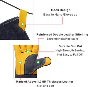 Guantes de Soldadura de Cuero, Color Amarillo Grisáceo, Resistentes a Salpicaduras de Metal Fundido, con Puño Largo, para Trabajo - Product Image 5