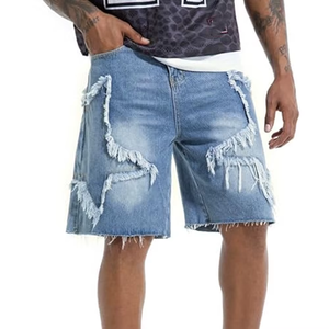 Pantalones Cortos de Mezclilla Rotos de Cintura Alta para Hombre, Estilo Casual con Botones, Tejido de Algodón - Product Image 3