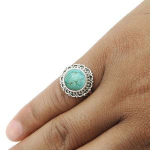 Handmade Bohemian Style Women <b>Ring</b> Bezel Setting Inlay Jewelry For Anniversary Gift Comes With Round Cut <b>Turquoise</b> Gemstone - Product Image 4