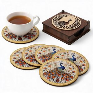 Royal Peacock Design <b>Wooden</b> Coasters Set of 6 with Folding Box Holder Round Heat Resistant <b>Table</b> <b>Mats</b> Oriental Style - Product Image 1