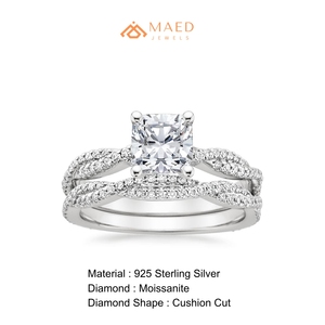 Ensemble de bagues de mariage en moissanite taille coussin, argent sterling 925, tige torsadée, accent pavé, bagues de fiançailles et de mariage, bijoux chics, cadeaux - Product Image 6