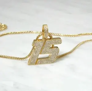 Pendentif personnalisé en argent sterling plaqué or avec 15 chiffres, serti de moissanite, bijoux hip-hop pour femmes - Product Image 3