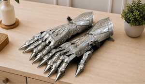 Gants en acier inoxydable plaqué argent, style antique moderne, armure polie en relief, objet de collection artistique, forme irrégulière - Product Image 4