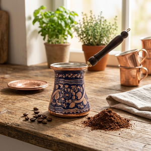 Cezve en cuivre émaillé bleu foncé, cafetière turque, ibrik arabe, briki grec, chauffe-lait pour cuisinière avec poignée en bois tourné - Product Image 4