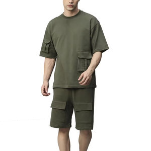 Ensemble T-shirt et short décontracté d'été pour homme en coton respirant, motif uni brodé, grande taille, avec caractéristiques thermiques, 100 % coton - Product Image 3