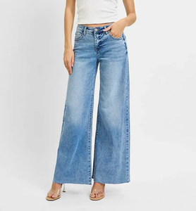 Jean en denim évasé taille haute pour femme, déchiré et vieilli, bleu clair, coupe droite ample, longueur cheville, pantalon pour femme - Product Image 2
