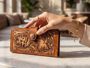 Nouvelle Pochette Portefeuille Vintage en Cuir Véritable 100% avec Motif Crâne et Fleur Gaufré, Fermeture à Boucle, pour Femme, Usage Quotidien - Product Image 6