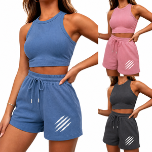 Ensemble décontracté 2 pièces pour femme en polyester/coton tricoté, avec débardeur court côtelé et short à cordon de serrage, idéal pour l'été - Product Image 1