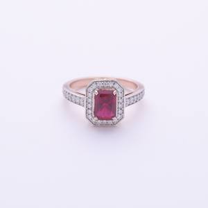IGI Certified Emerald Cut Ruby Halo Ring with Pavé Diamond Band in <b>Solid</b> 925 Sterling <b>Silver</b> - Product Image 1