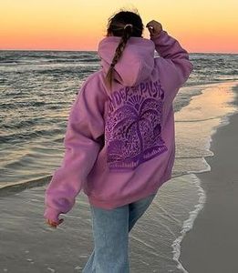 Sudadera con capucha extragrande para mujer Under The Palms, diseño floral morado en la espalda, tejido de algodón, estilo casual para otoño - Product Image 2