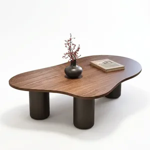 Table basse vintage avec plateau en bois de forme organique et pieds cylindriques épais, style Mid-Century Modern, meuble de salon, objet de décoration - Product Image 2