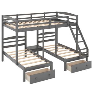 Gray Full Over Twin and Twin <b>Bunk</b> Bed with Drawers Kids' <b>Triple</b> <b>Bunk</b> Bed - Product Image 6
