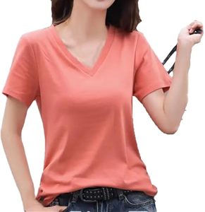 T-shirt ample à manches courtes pour femme, col en V, en coton tricoté, couleur unie, teinture unie, haut décontracté d'été - Product Image 2