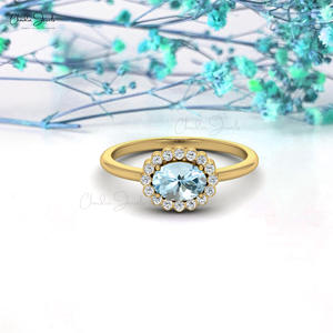 Bague de fiançailles en aquamarine naturelle ovale 7x5 mm, or massif 14 carats, diamant, bijoux fins faits à la main, en promotion spéciale pour la Journée de la femme - Product Image 4