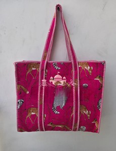 Handcrafted Quilted Cotton Bohemian Tote Bag Zipper Woodland Animal Motifs Striped <b>Straps</b>-Eco-Friendly Shopping Utility Bag - Product Image 5