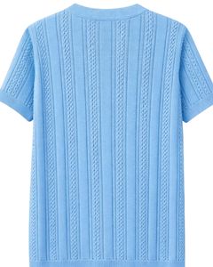 Polo tricoté bleu ciel personnalisé pour homme, manches courtes, maille torsadée, coupe ajustée décontractée pour l'été, fabricant OEM en gros - Product Image 2