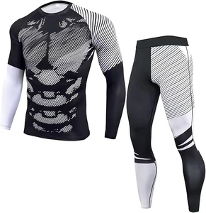 Men's <b>Black</b> Blue Striped Compression Set Full <b>Sleeve</b> Crew Neck Quick Dry Spandex Polyester <b>Long</b> <b>Sleeve</b> <b>Top</b> And Pants All Season - Product Image 2