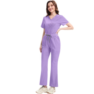 Ensemble de blouses médicales pour femmes, col en V, manches courtes, plusieurs poches, haut et pantalon évasé, extensible, uniforme de travail pour les soignants - Product Image 2