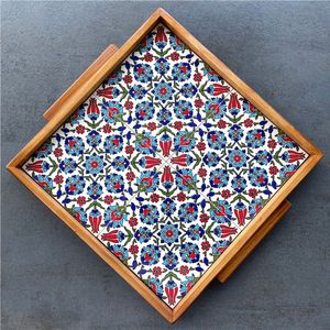 Luxury Inlay Wooden Serving Tray with Handles Rectangular Floral Marquetry Wood Platter for Coffee <b>Table</b> Home Decor Ottoman - Product Image 6