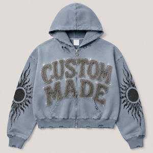 OEM ODM Custom Logo Zip-up Hoodie Breathable Windproof Raw Edge Patch Letter Color Splash <b>Paint</b> Distressed Oversized Streetwear - Product Image 4